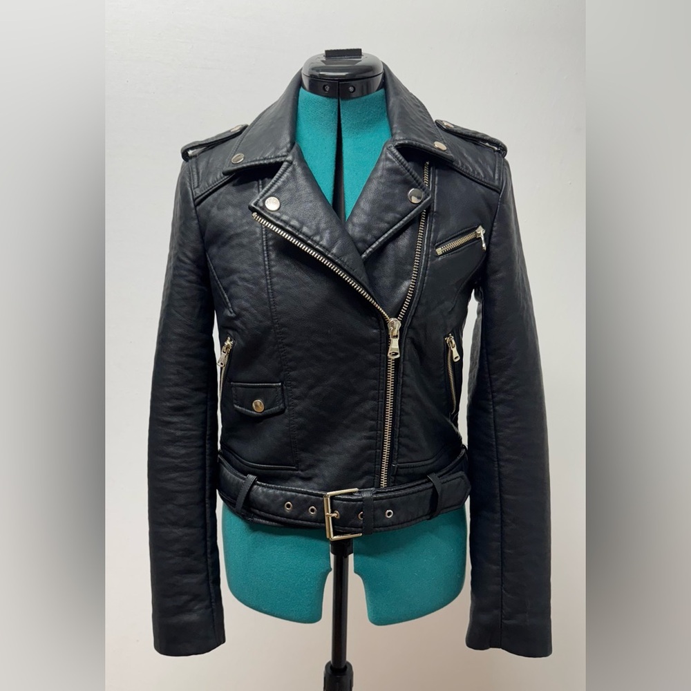 French Connection Vegan Leather Moto Jacket Black/Gold Size 2